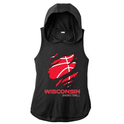 Distressed Basketball The Badger State Home Wisconsin Hoops Ladies PosiCharge Tri-Blend Wicking Draft Hoodie Tank