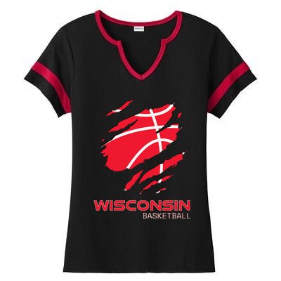 Distressed Basketball The Badger State Home Wisconsin Hoops Ladies Halftime Notch Neck Tee