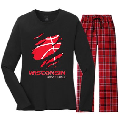 Distressed Basketball The Badger State Home Wisconsin Hoops Women's Long Sleeve Flannel Pajama Set 