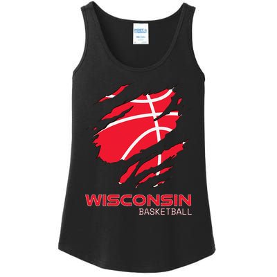 Distressed Basketball The Badger State Home Wisconsin Hoops Ladies Essential Tank