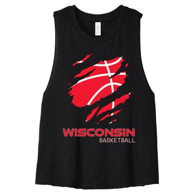 Distressed Basketball The Badger State Home Wisconsin Hoops Women's Racerback Cropped Tank