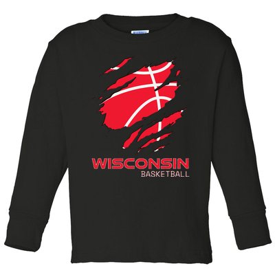 Distressed Basketball The Badger State Home Wisconsin Hoops Toddler Long Sleeve Shirt