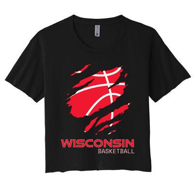 Distressed Basketball The Badger State Home Wisconsin Hoops Women's Crop Top Tee