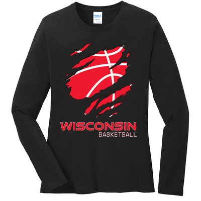 Distressed Basketball The Badger State Home Wisconsin Hoops Ladies Long Sleeve Shirt