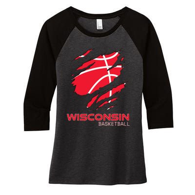 Distressed Basketball The Badger State Home Wisconsin Hoops Women's Tri-Blend 3/4-Sleeve Raglan Shirt