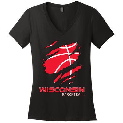 Distressed Basketball The Badger State Home Wisconsin Hoops Women's V-Neck T-Shirt