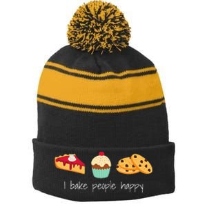 Dessert Baking Themed Gift I Bake People Happy Stripe Pom Pom Beanie