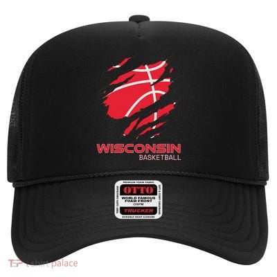 Distressed Basketball The Badger State Home Wisconsin Hoops High Crown Mesh Back Trucker Hat