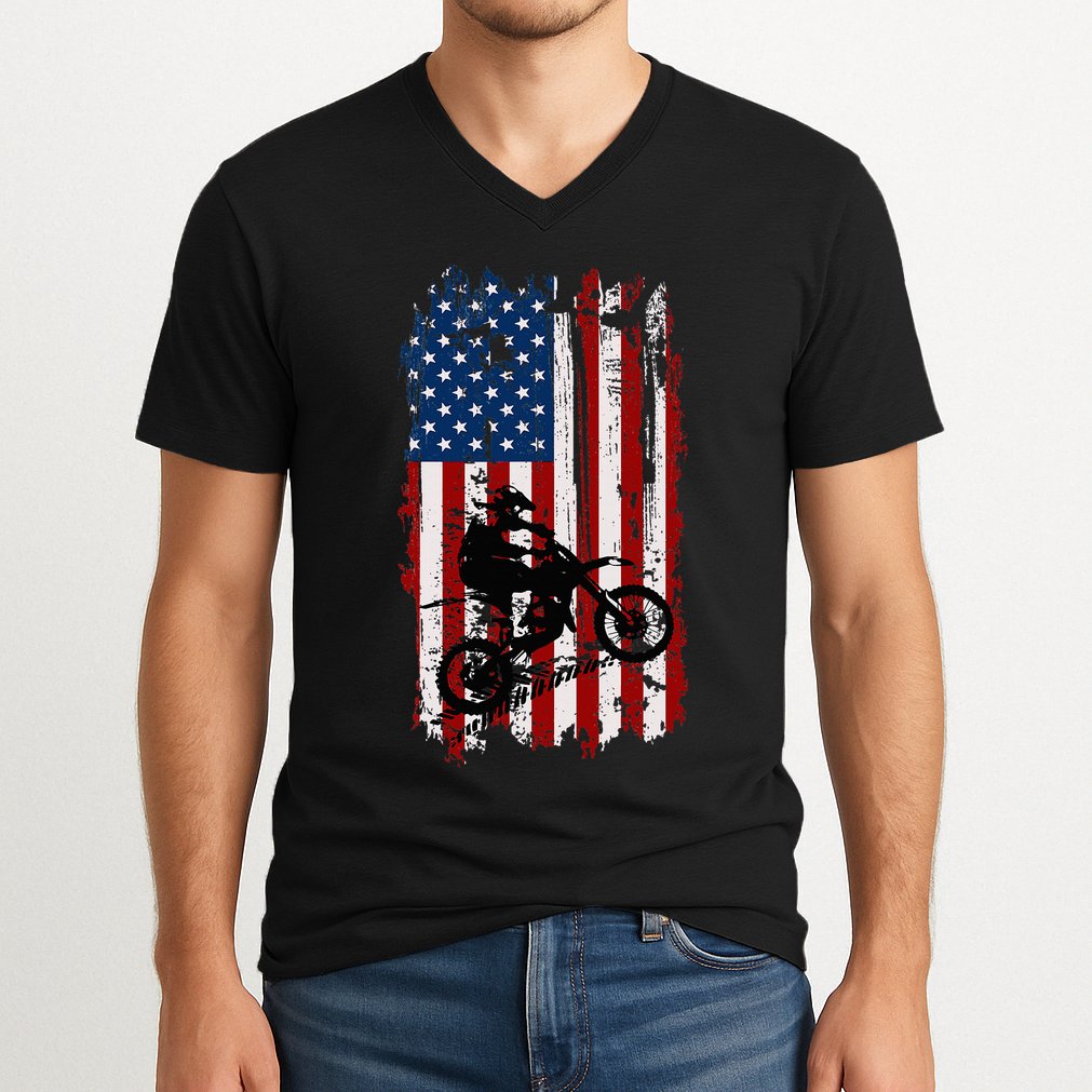 Dirt Bike Usa Flag Motocross American Flag V-Neck T-Shirt