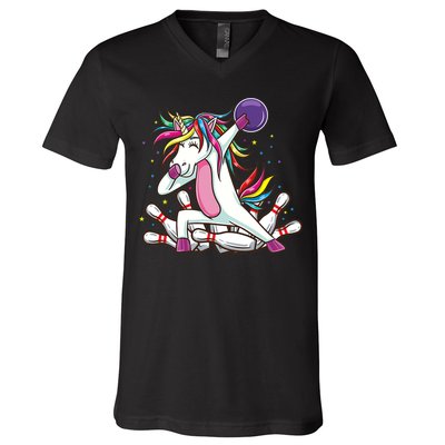 Dabbing Bowling Unicorn for Bowling Team Birthday V-Neck T-Shirt