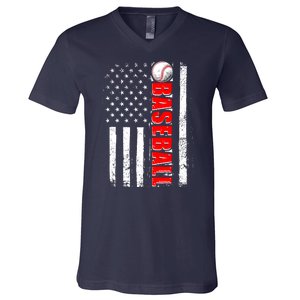 Distressed Baseball USA American Flag V-Neck T-Shirt