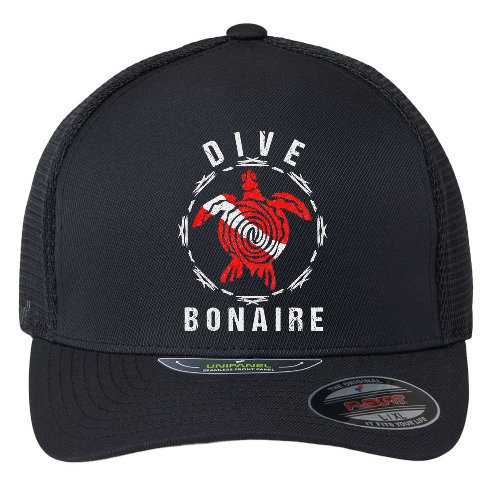 Dive Bonaire Vintage Tribal Turtle Gift Flexfit Unipanel Trucker Cap