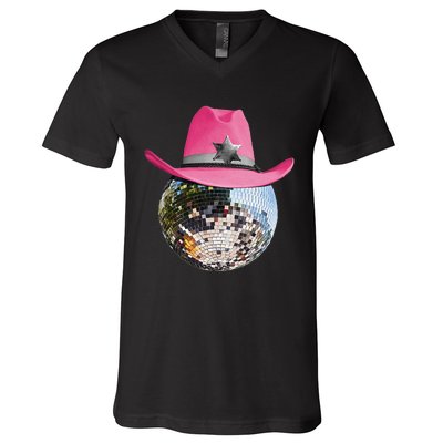 Disco Ball Wearing Pink Cowboy Hat Club Retro V-Neck T-Shirt