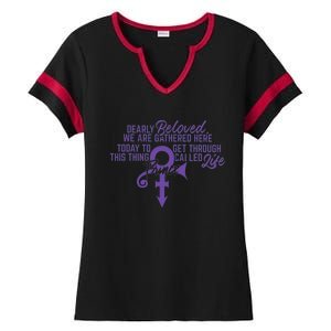 Dearly Beloved We Are Gathered Here Today To Get Through Ladies Halftime Notch Neck Tee