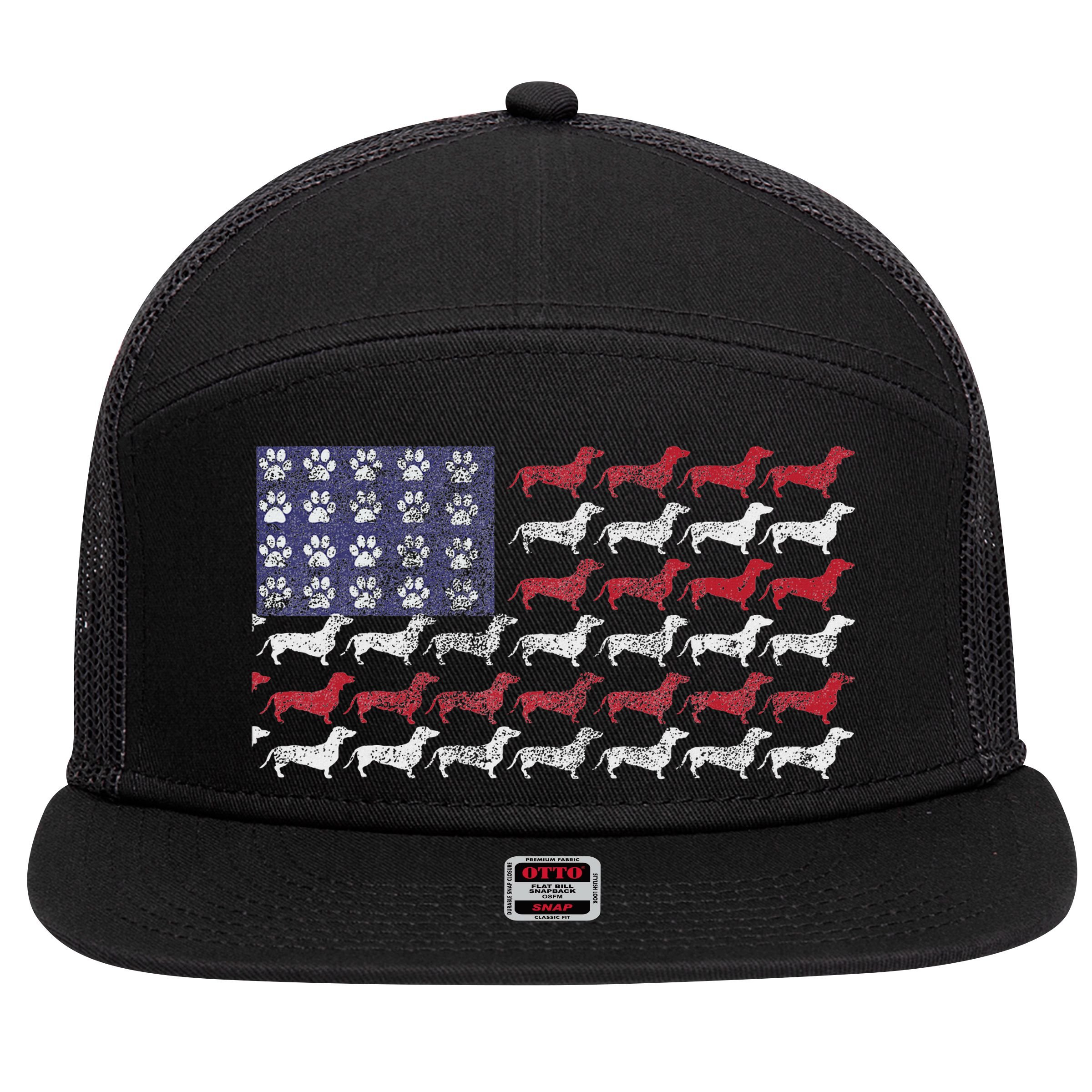 Dachshund Cute American Flag 4th Of July Gif 7 Panel Mesh Trucker Snapback Hat