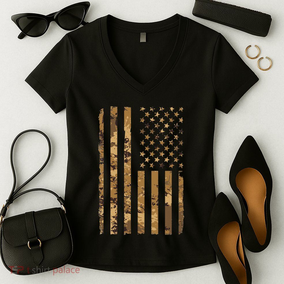Desert Camo American Flag Military Tactical Camouflage Women's V-Neck T-Shirt