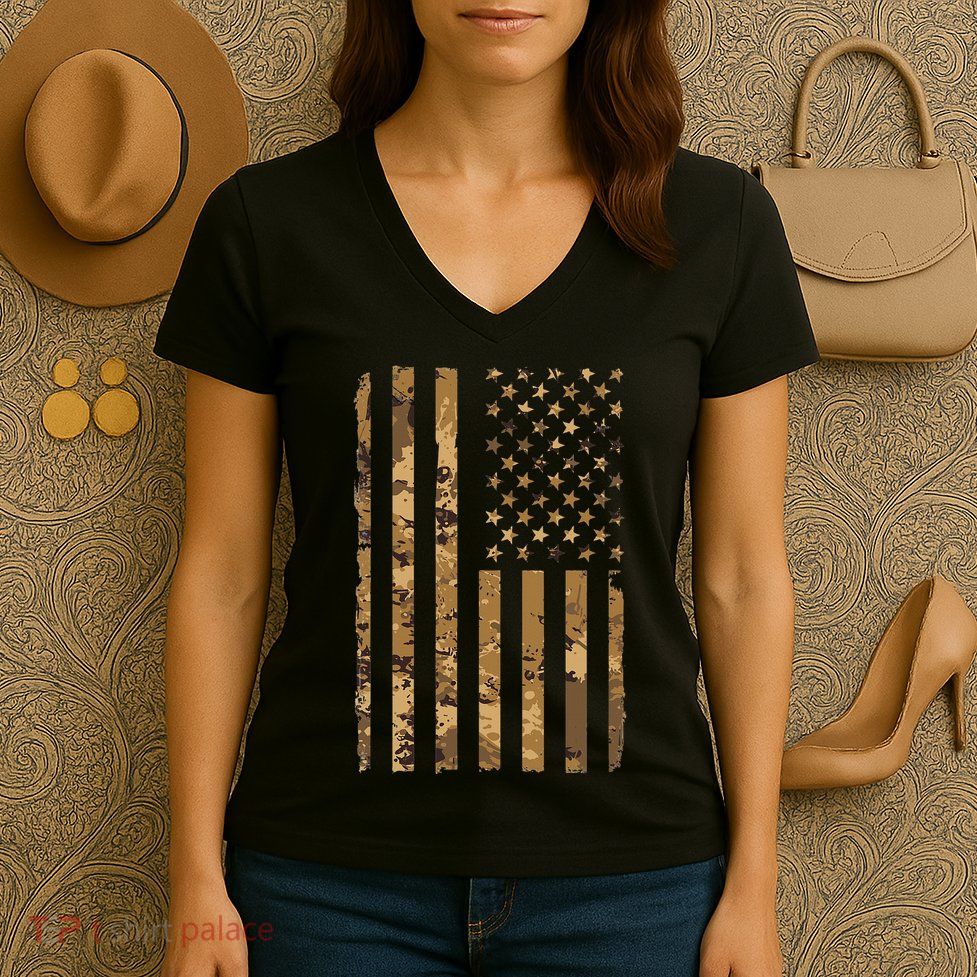 Desert Camo American Flag Military Tactical Camouflage Women's V-Neck T-Shirt