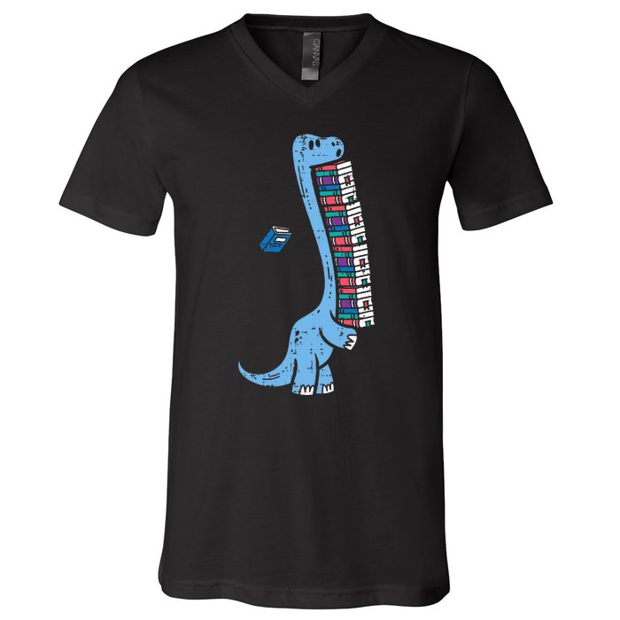 Dino Carrying Books Cute Bookworm Librarian V-Neck T-Shirt