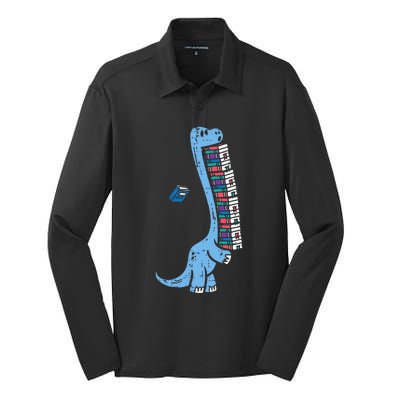 Dino Carrying Books Cute Bookworm Librarian Silk Touch Performance Long Sleeve Polo