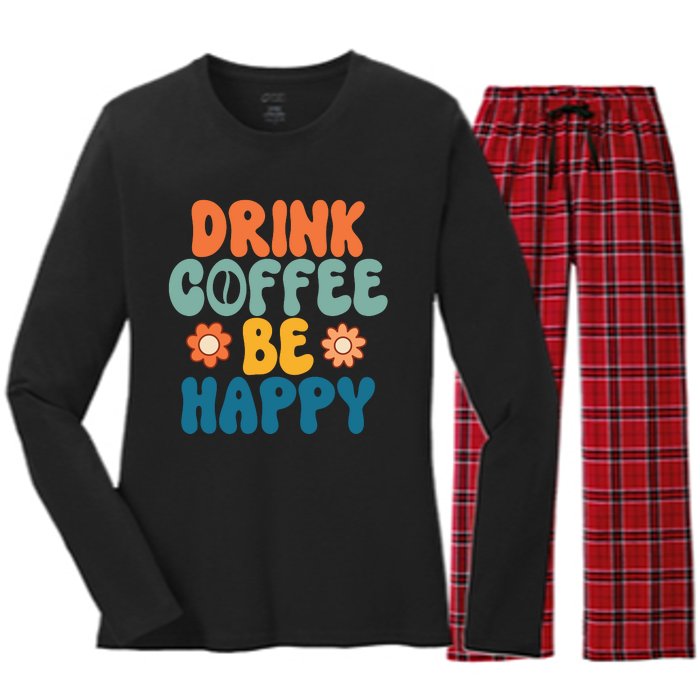 Drink Coffee Be Happy Quotes FUll COlor Women's Long Sleeve Flannel Pajama Set 