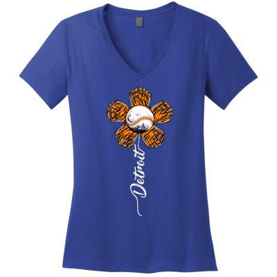 Detroit Colorful Baseball Flower Souvenir Tee I Love Detroit Women's V-Neck T-Shirt