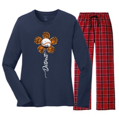 Detroit Colorful Baseball Flower Souvenir I Love Detroit Women's Long Sleeve Flannel Pajama Set 