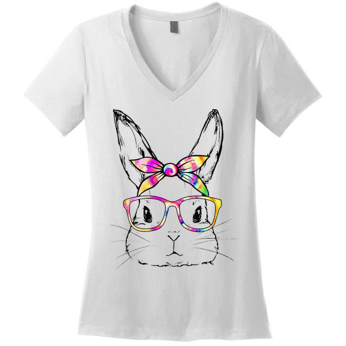 Dy Cute Bunny Face Tie Dye Glasses Easter Day Women's V-Neck T-Shirt