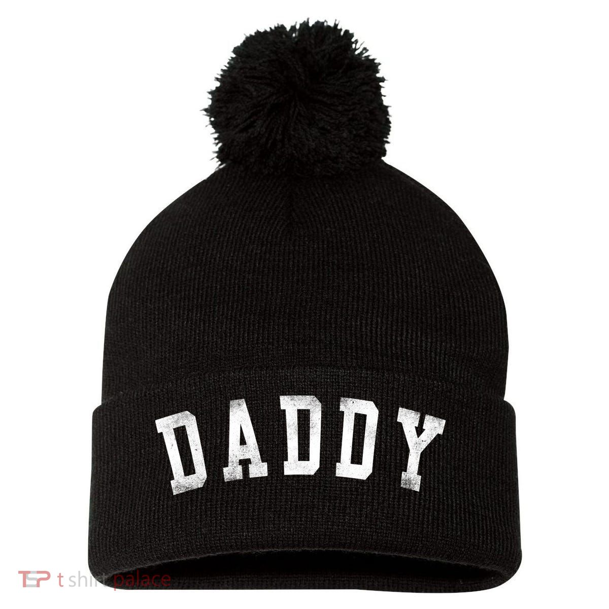 Daddy Classic Bold Font Birthday Daddy Pom Pom 12in Knit Beanie