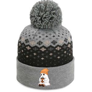 Drinking Coffee Cute Little Ghost Halloween Spooky Season Gift The Baniff Cuffed Pom Beanie