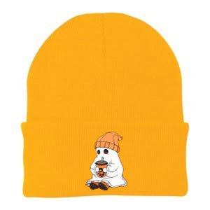 Drinking Coffee Cute Little Ghost Halloween Spooky Season Gift Knit Cap Winter Beanie