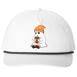 Drinking Coffee Cute Little Ghost Halloween Spooky Season Gift Snapback Five-Panel Rope Hat