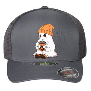 Drinking Coffee Cute Little Ghost Halloween Spooky Season Gift Flexfit Unipanel Trucker Cap