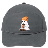 Drinking Coffee Cute Little Ghost Halloween Spooky Season Gift 7-Panel Snapback Hat