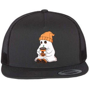 Drinking Coffee Cute Little Ghost Halloween Spooky Season Gift Flat Bill Trucker Hat