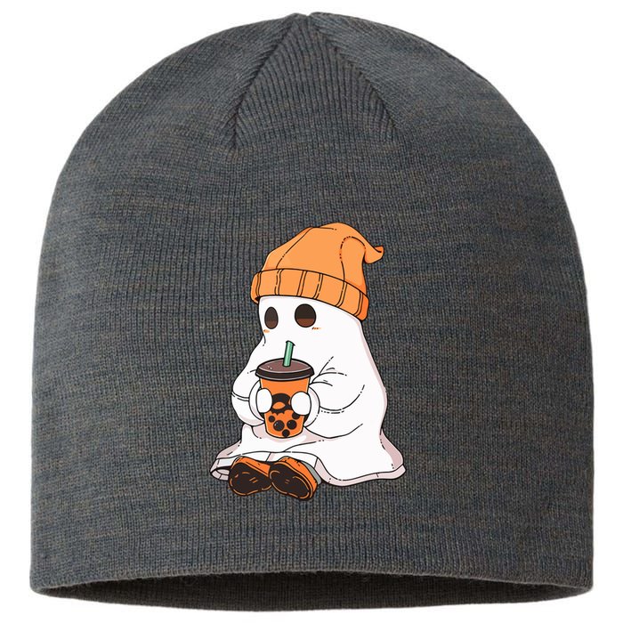 Drinking Coffee Cute Little Ghost Halloween Spooky Season Gift Sustainable Beanie