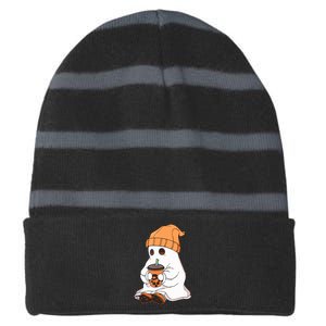 Drinking Coffee Cute Little Ghost Halloween Spooky Season Gift Striped Beanie with Solid Band