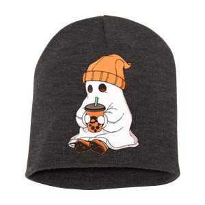 Drinking Coffee Cute Little Ghost Halloween Spooky Season Gift Short Acrylic Beanie