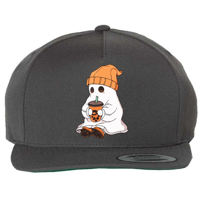 Drinking Coffee Cute Little Ghost Halloween Spooky Season Gift Wool Snapback Cap