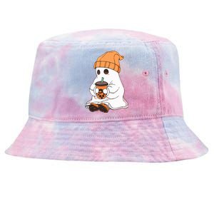 Drinking Coffee Cute Little Ghost Halloween Spooky Season Gift Tie-Dyed Bucket Hat