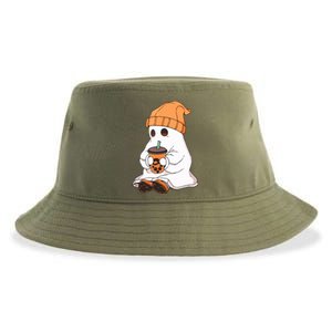 Drinking Coffee Cute Little Ghost Halloween Spooky Season Gift Sustainable Bucket Hat