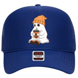 Drinking Coffee Cute Little Ghost Halloween Spooky Season Gift High Crown Mesh Back Trucker Hat