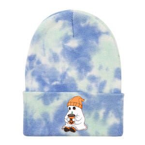 Drinking Coffee Cute Little Ghost Halloween Spooky Season Gift Tie Dye 12in Knit Beanie