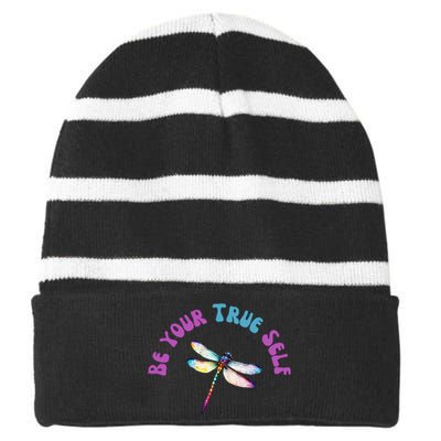 Dragonfly Cute Casual Watercolor Bright Striped Beanie with Solid Band