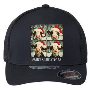 Dairy Christmas Cow Selfie Dairy Cow Wearing Santa Hat Flexfit Unipanel Trucker Cap