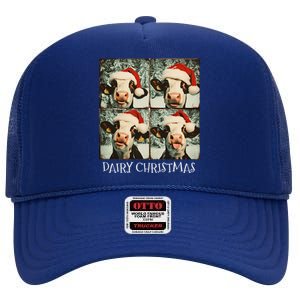 Dairy Christmas Cow Selfie Dairy Cow Wearing Santa Hat High Crown Mesh Back Trucker Hat