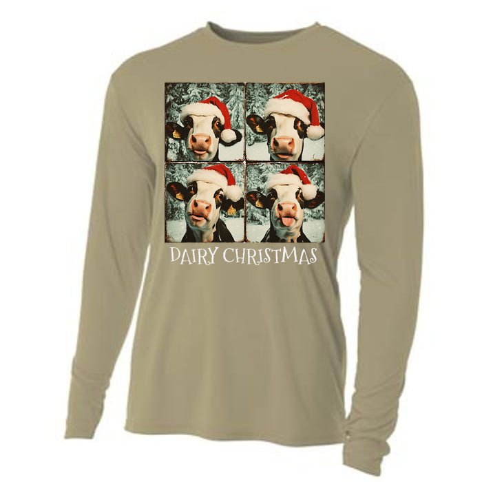 Dairy Christmas Cow Selfie Dairy Cow Wearing Santa Hat Cooling Performance Long Sleeve Crew