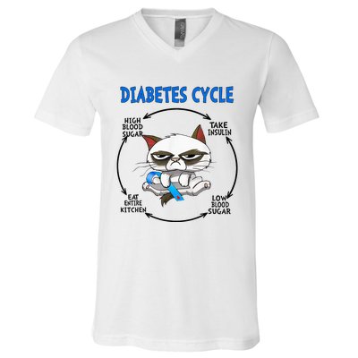 Diabetes Cycle Diabetes Awareness Cat Lover V-Neck T-Shirt