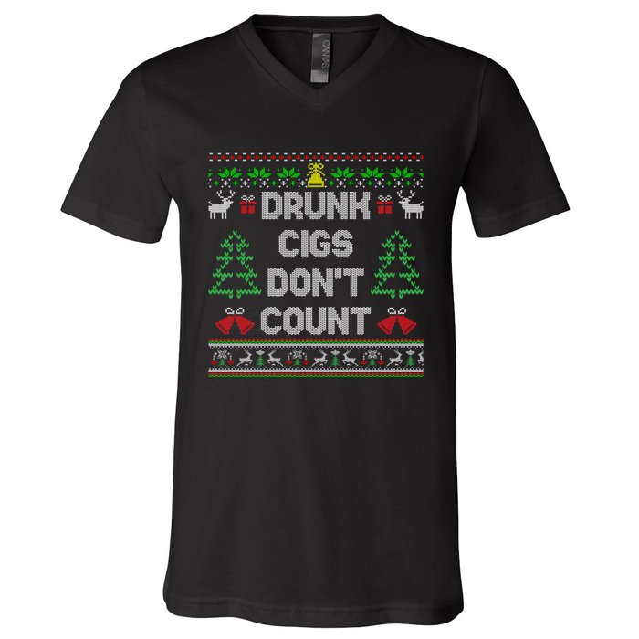 Drunk Cigs Dont Count Ugly Christmas Sweater V-Neck T-Shirt