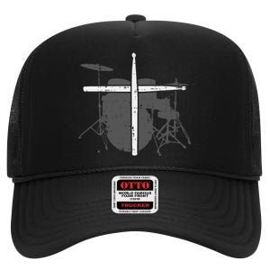 Drums Cross Drumstick Music Jesus Christian Band High Crown Mesh Back Trucker Hat