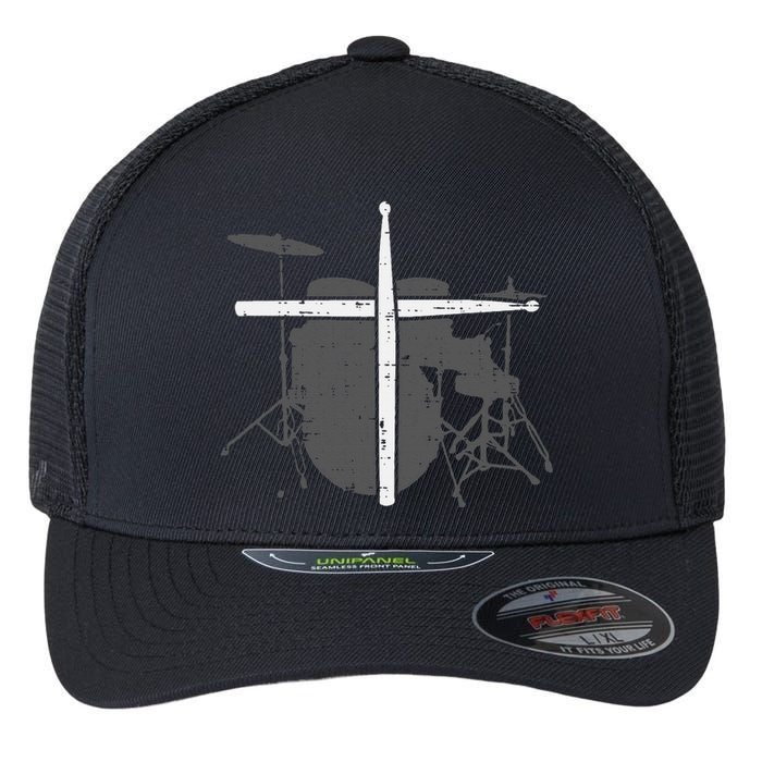 Drums Cross Drumstick Music Jesus Christian Band Flexfit Unipanel Trucker Cap